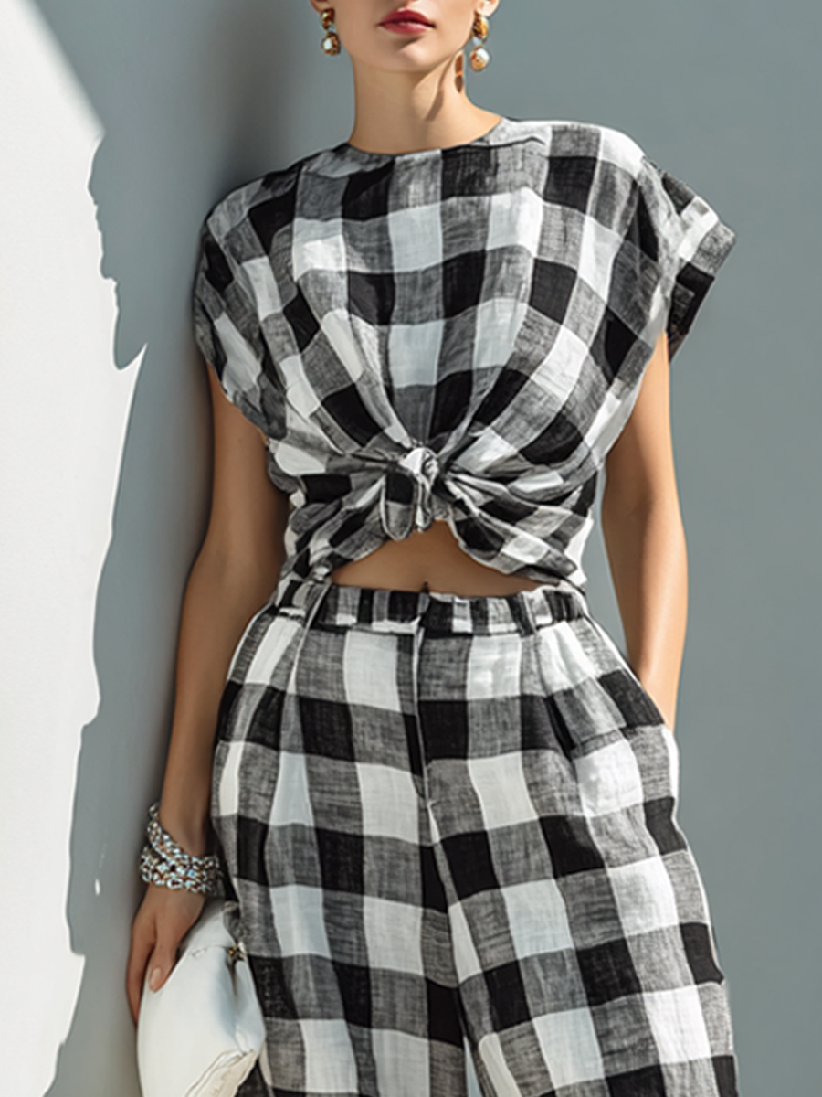 Women's Black & White Check Linen Knot-Front Top And Wide-Leg Pants Set MDZ1501F8ZRK