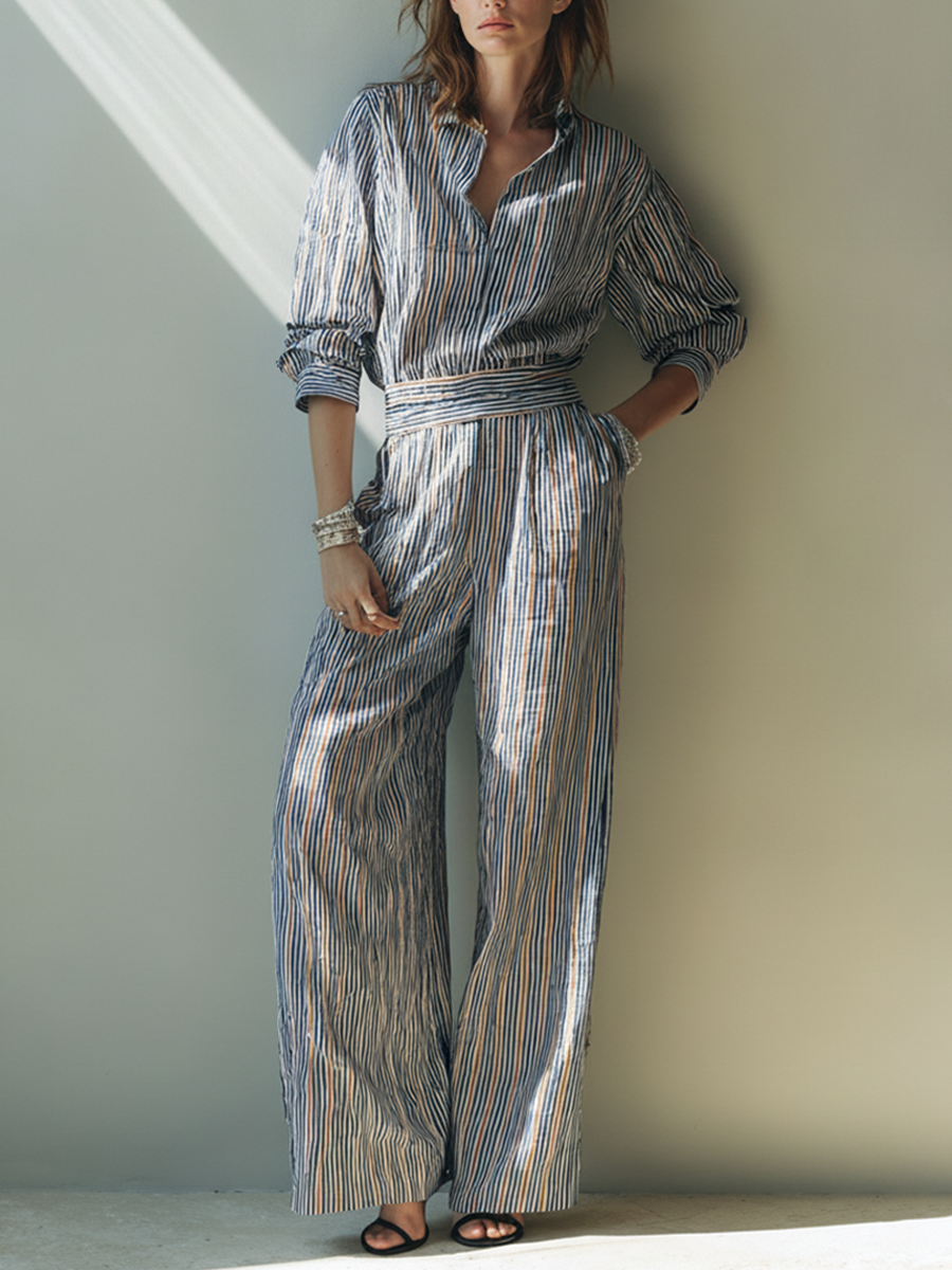 Women's Multicolored Striped Linen-Blend Shirt And Wide-Leg Pants Set MDZ1582F3ZRK