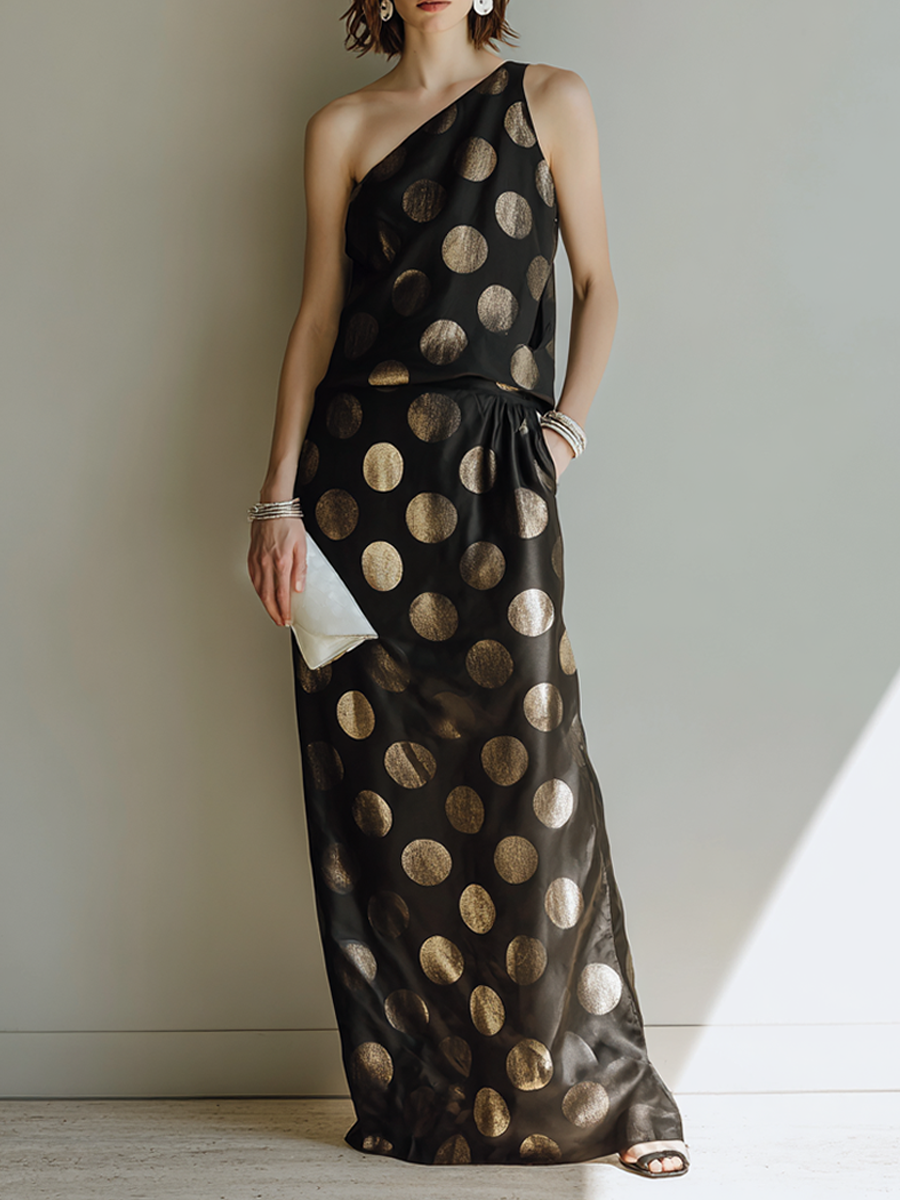 Women's Black Gold-Foil Polka-Dot One-Shoulder Maxi Dress MDZ1569F6ZRK