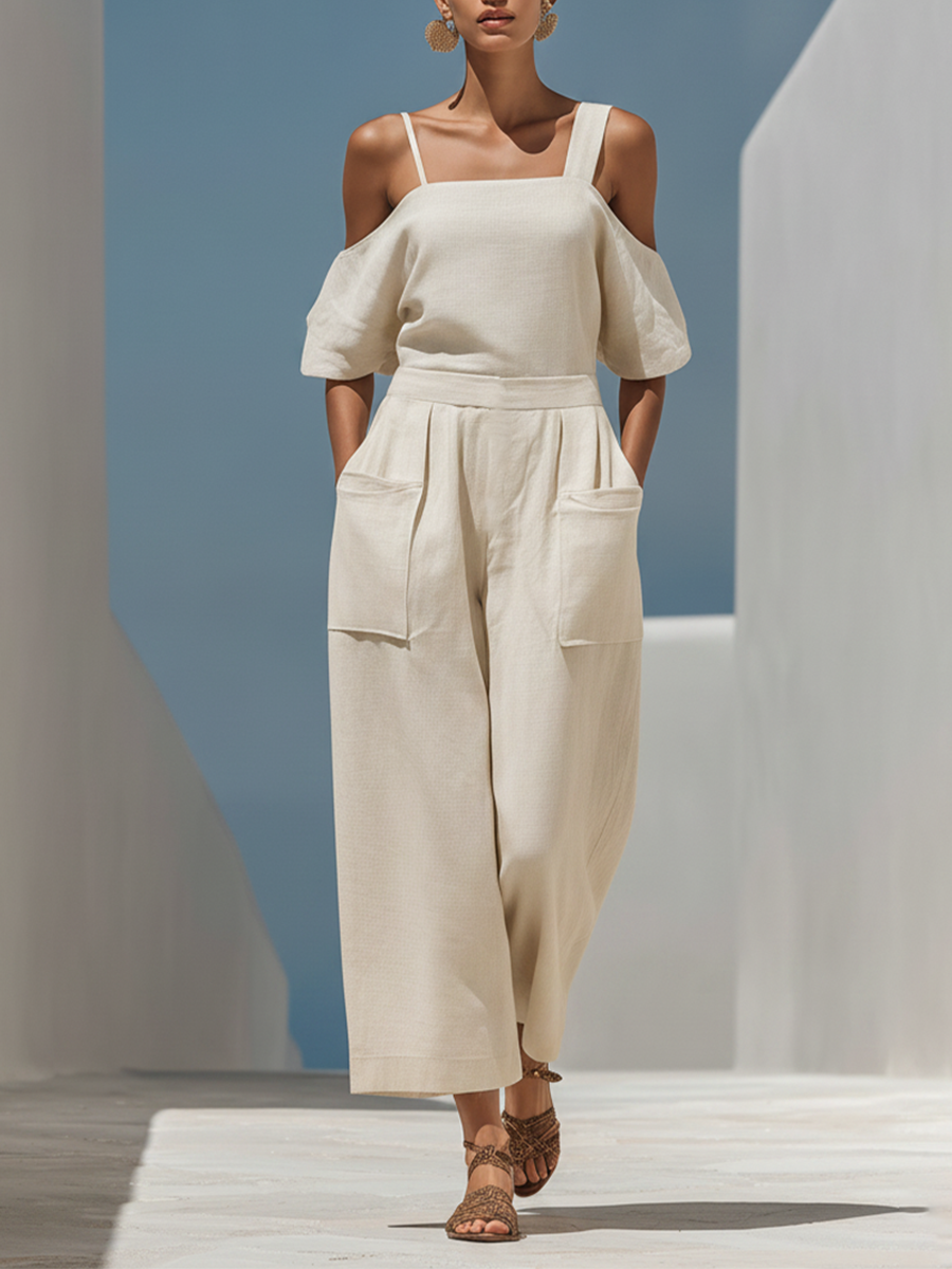 Women's Cream Linen-Blend Jumpsuit With Cold Shoulder Puff Sleeves & Square Neck Patch Pockets, Minimalist Vacation Wide Leg Jumpsuit MDZ1533F1LYL