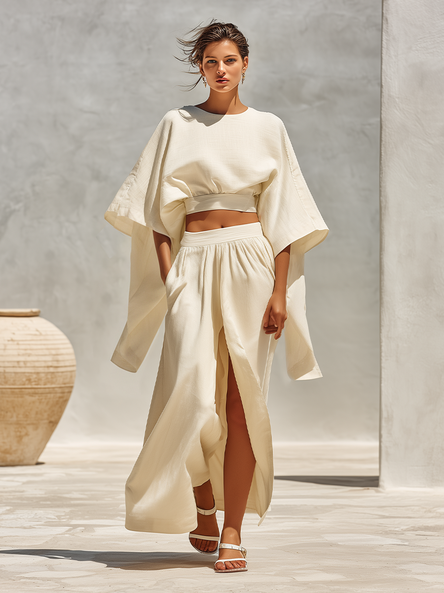 Women's Off White Textured Linen Co-Ord With Elastic Waist Cropped Blouse & Front Split Flowy Maxi Skirt, Modern Effortless-Chic Summer Outfit MDZ1599F5LYL