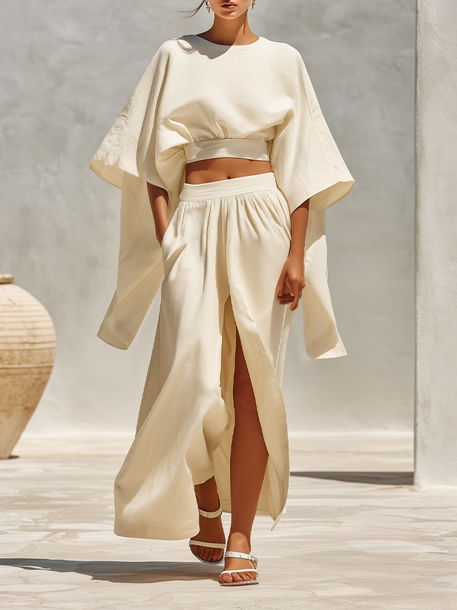 Women's Off White Textured Linen Co-Ord With Elastic Waist Cropped Blouse & Front Split Flowy Maxi Skirt, Modern Effortless-Chic Summer Outfit MDZ1599F5LYL