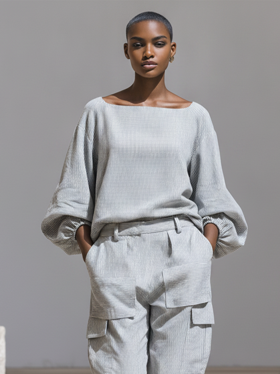 Women's Grey Striped Cotton-Blend Two-Piece Set With Boat Neck Puff Sleeve Blouse & Multi-Pocket Cargo Cropped Pants, Minimalist Street Casual Outfit MDZ1572F2LYL