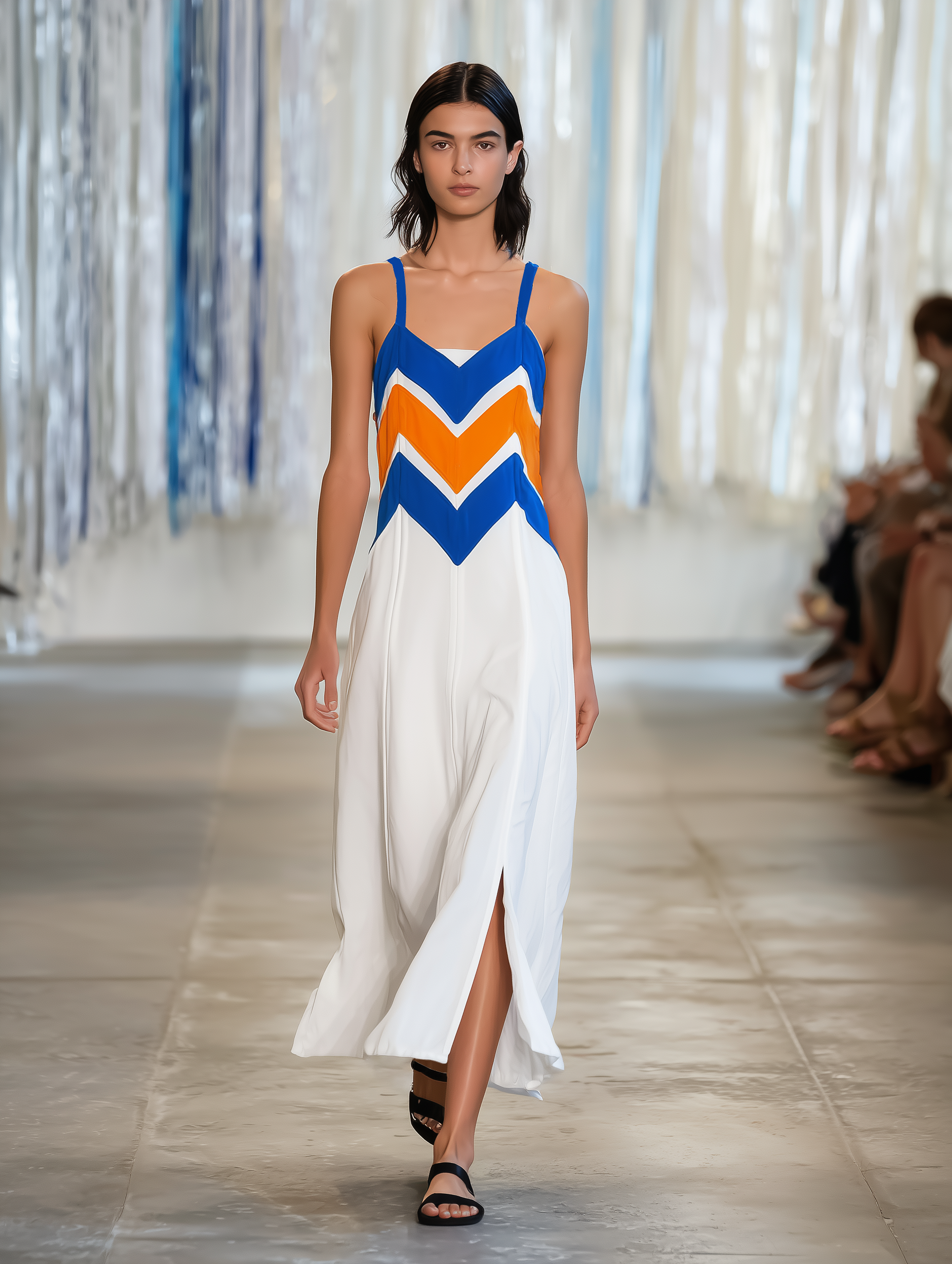 Women’s Geometric Chevron Color Block Sleeveless Cami Midi Dress With Front Split MDZ1549F9T