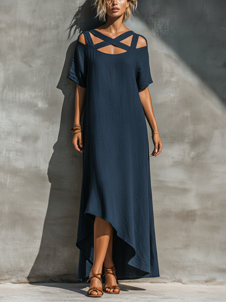 Women’s Navy Crisscross Cutout Cold Shoulder Short Sleeve High Low Hem Linen Maxi Dress MDZ1204F7T