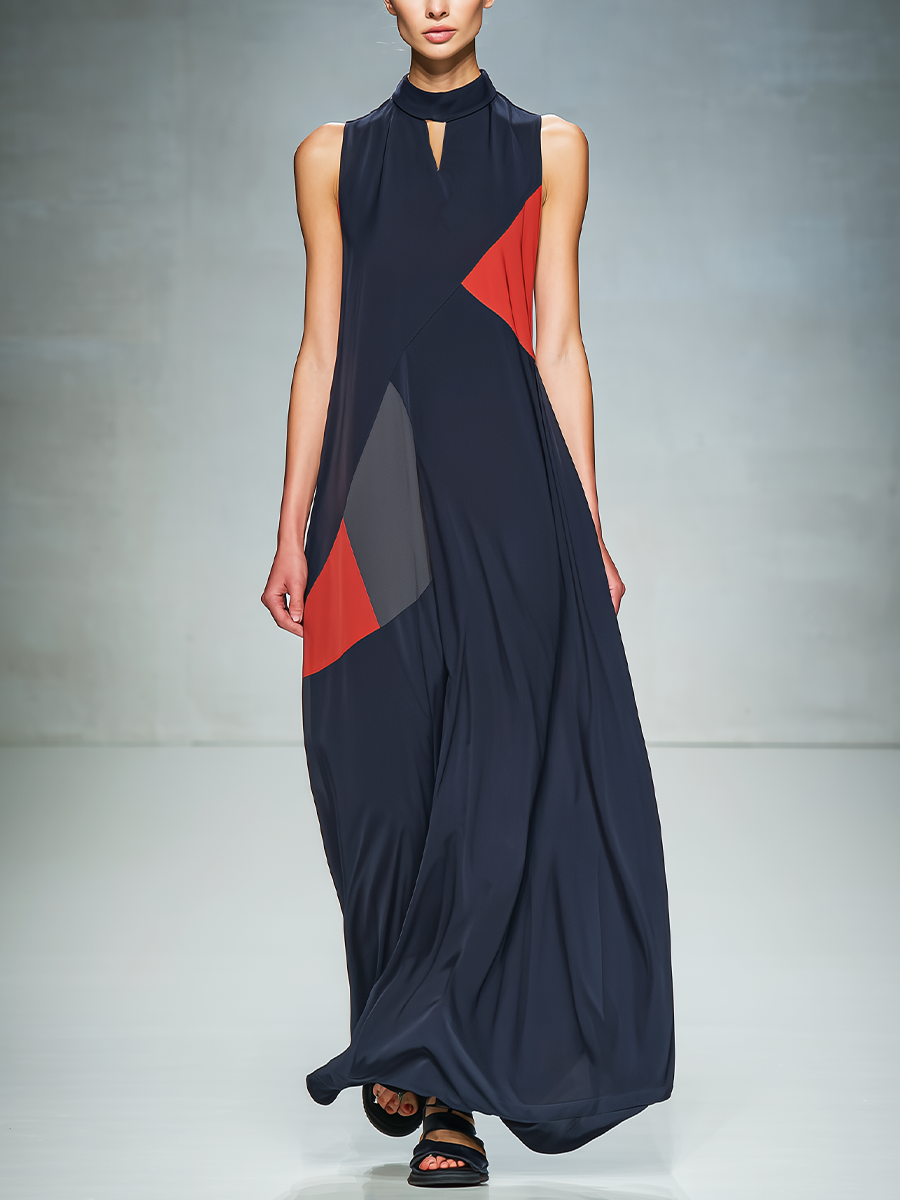 Women’s Navy Sleeveless Stand Collar Keyhole Front Color Block Geometric Patchwork Flowy Maxi Dress MDZ1561F4T