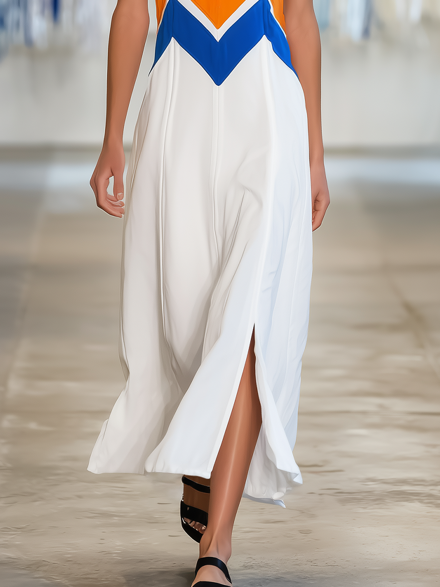 Women’s Geometric Chevron Color Block Sleeveless Cami Midi Dress With Front Split MDZ1549F9T