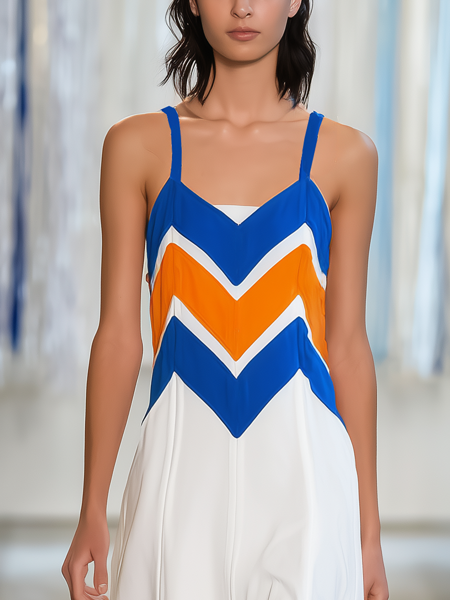 Women’s Geometric Chevron Color Block Sleeveless Cami Midi Dress With Front Split MDZ1549F9T