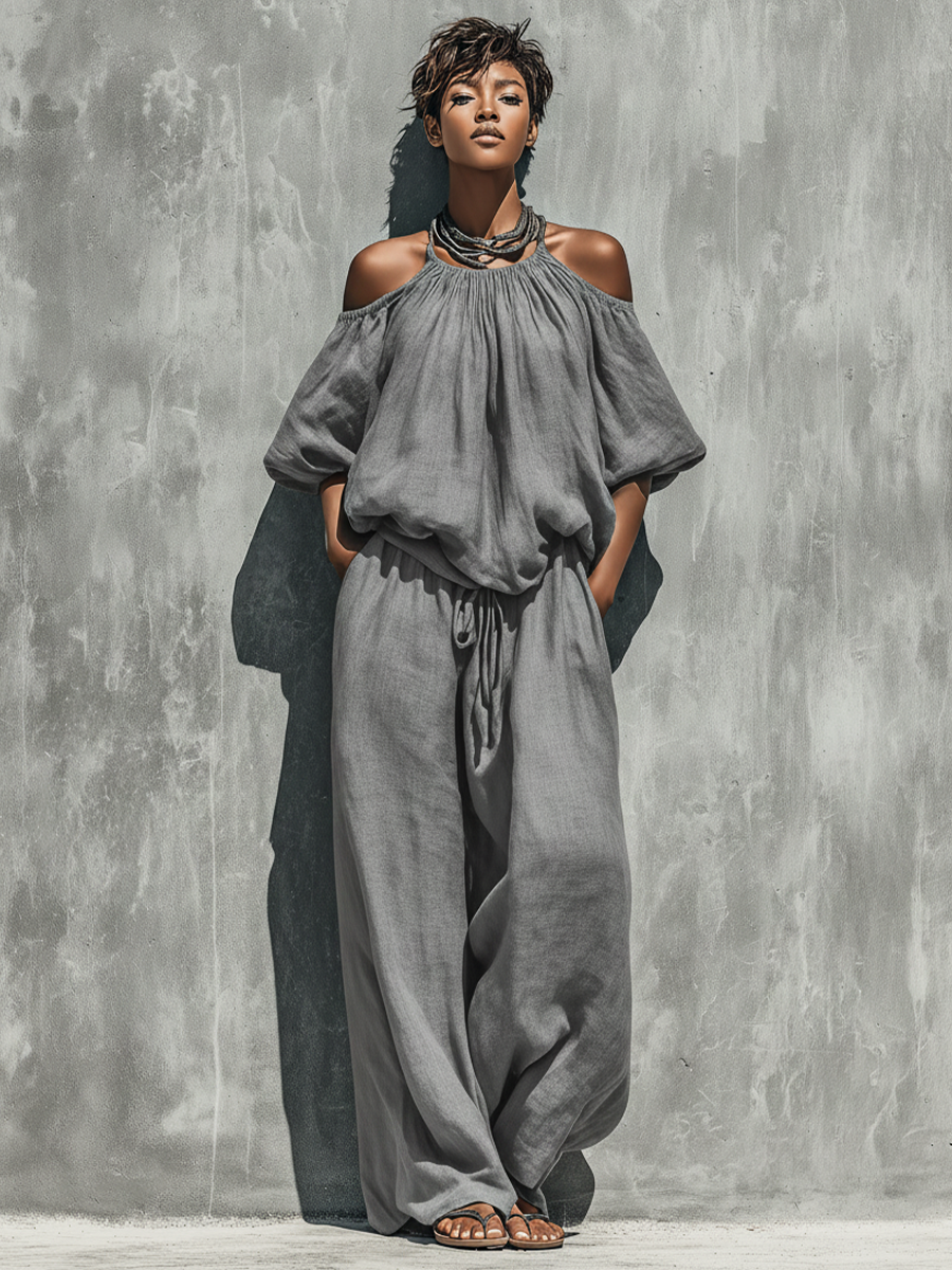 Women’s Gray Linen Off-The-Shoulder Puff Bubble Sleeve Gathered Top & Drawstring Waist Wide Leg Pants Two-Piece Set MDZ1580F4T