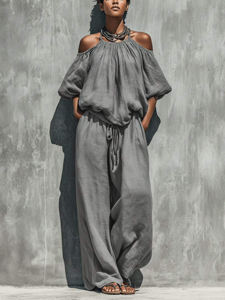 Women’s Gray Linen Off-The-Shoulder Puff Bubble Sleeve Gathered Top & Drawstring Waist Wide Leg Pants Two-Piece Set MDZ1580F4T
