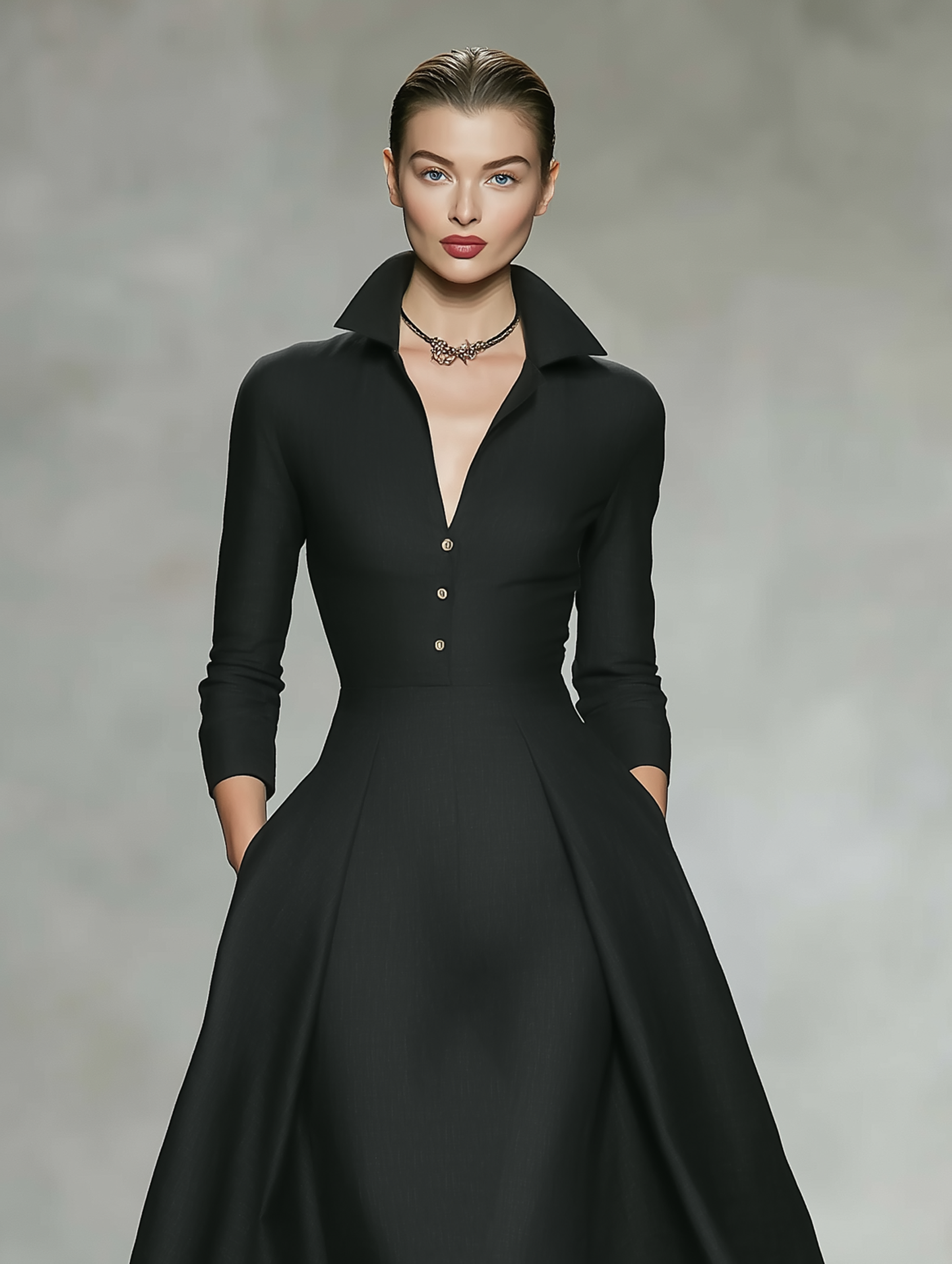 Women's Minimalist Linen-Blend Long-Sleeve Midi Dress With Collar And V-Neck MDZ1529F7WY