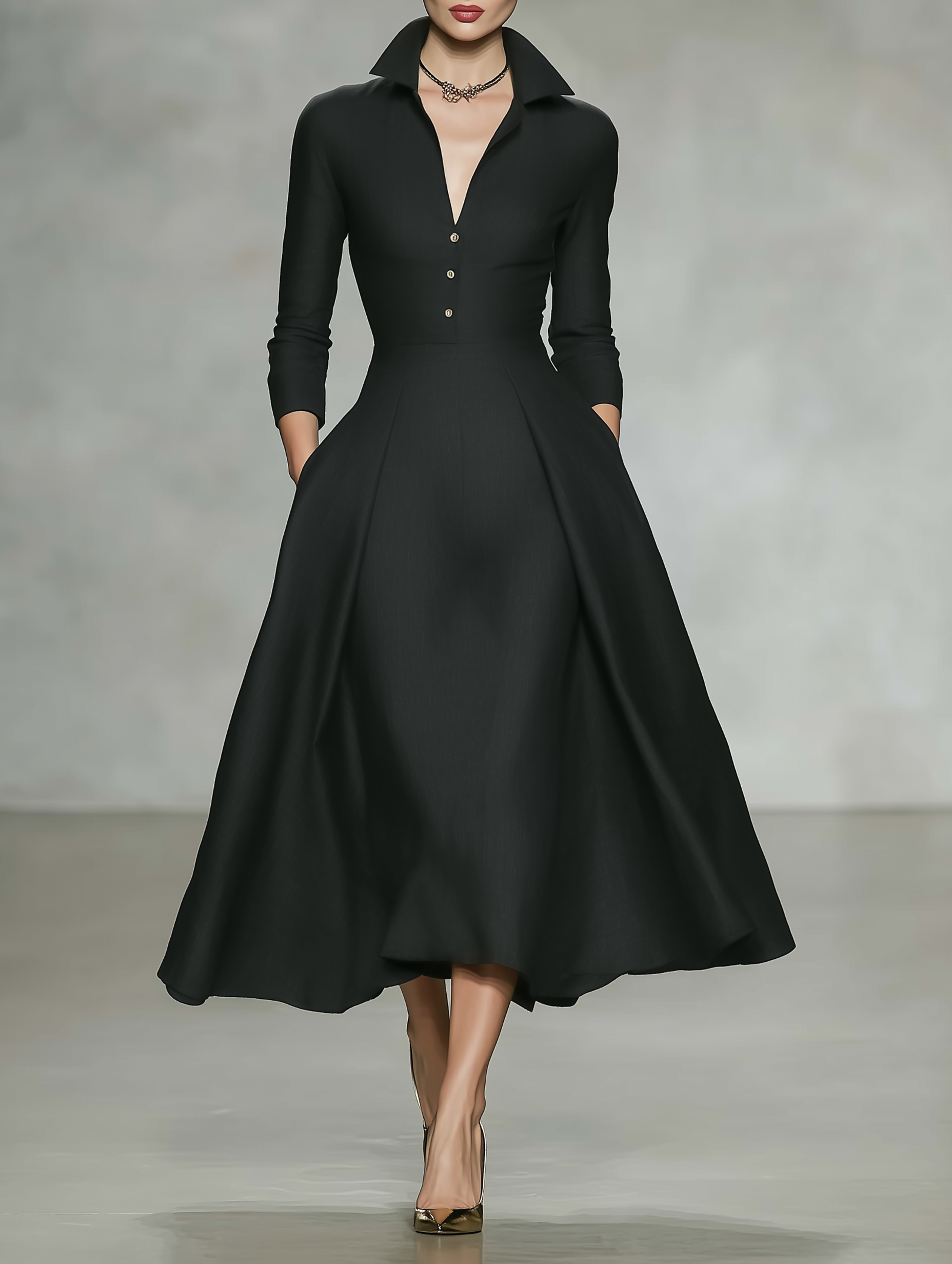 Women's Minimalist Linen-Blend Long-Sleeve Midi Dress With Collar And V-Neck MDZ1529F7WY