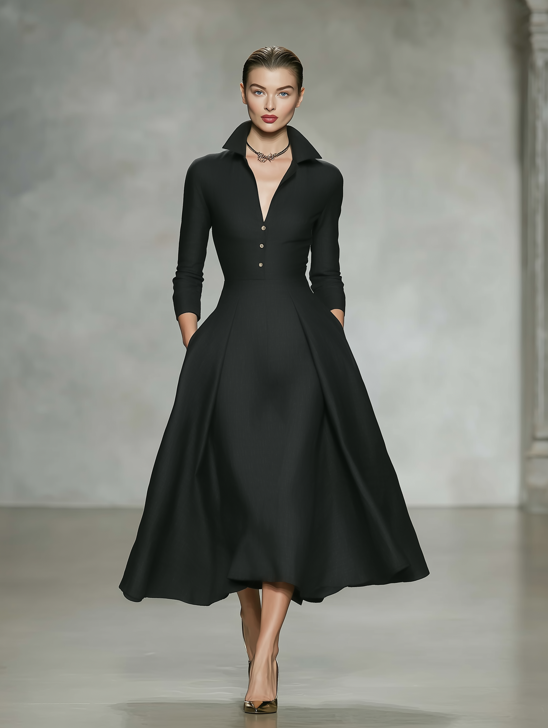 Women's Minimalist Linen-Blend Long-Sleeve Midi Dress With Collar And V-Neck MDZ1529F7WY