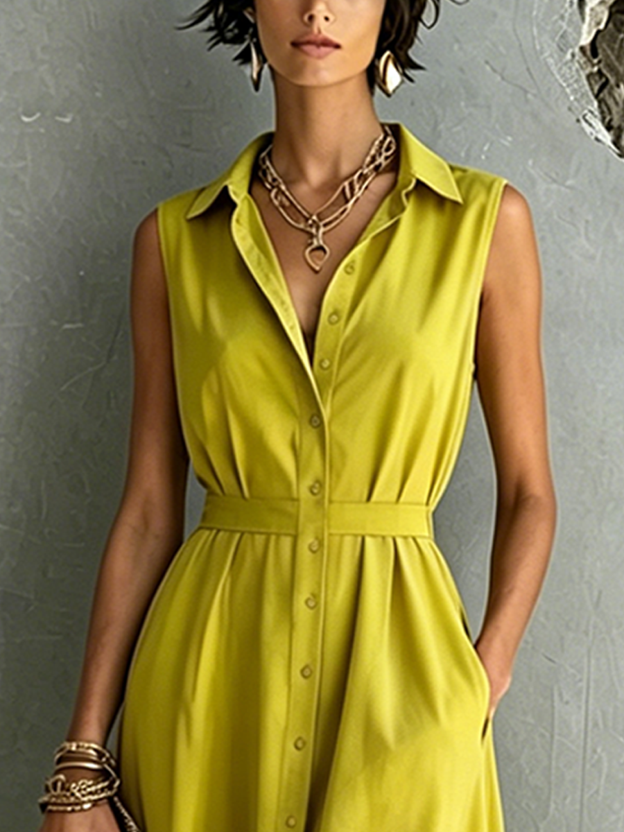 Women's Commuter Style Mustard Yellow Cotton Blend Collared Sleeveless Button-Down Midi Dress MDZ1573F4GMJ