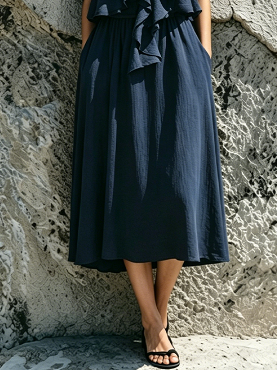 Women's Luxurious Navy Blue Cotton Blend V-Neck Ruffle Midi Dress MDZ1515F3GMJ
