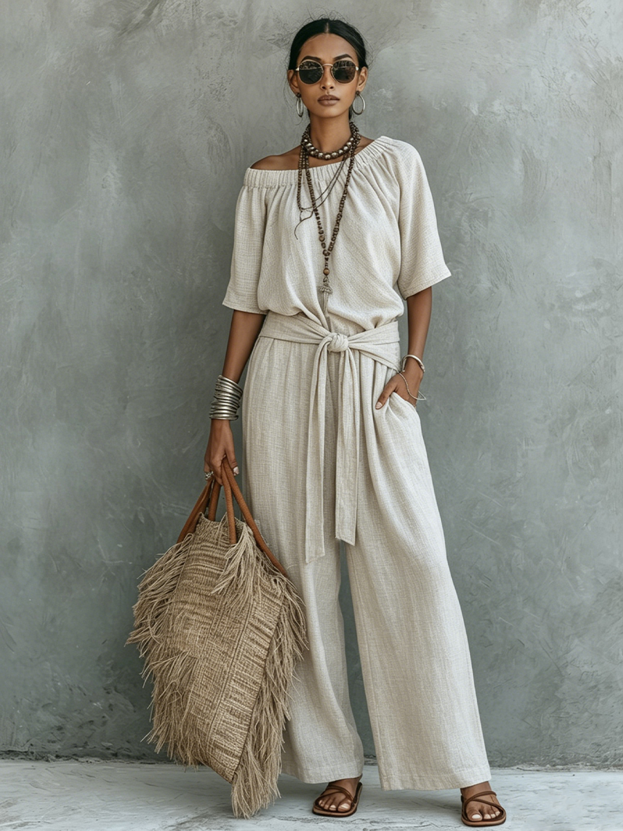 Women's Casual Beige Cotton Linen Off-Shoulder Tie-Waist Wide-Leg Jumpsuit