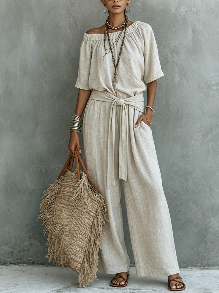 Women's Casual Beige Cotton Linen Off-Shoulder Tie-Waist Wide-Leg Jumpsuit
