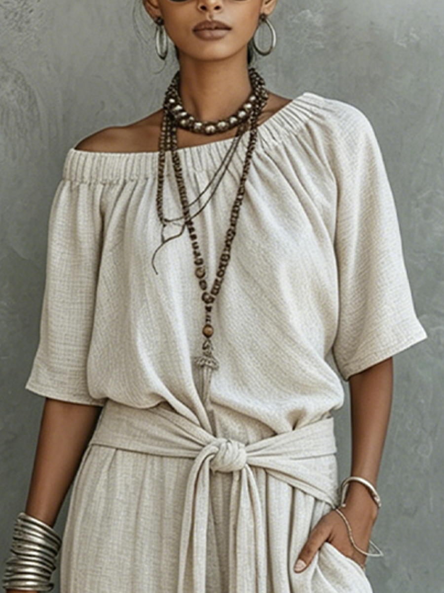 Women's Casual Beige Cotton Linen Off-Shoulder Tie-Waist Wide-Leg Jumpsuit