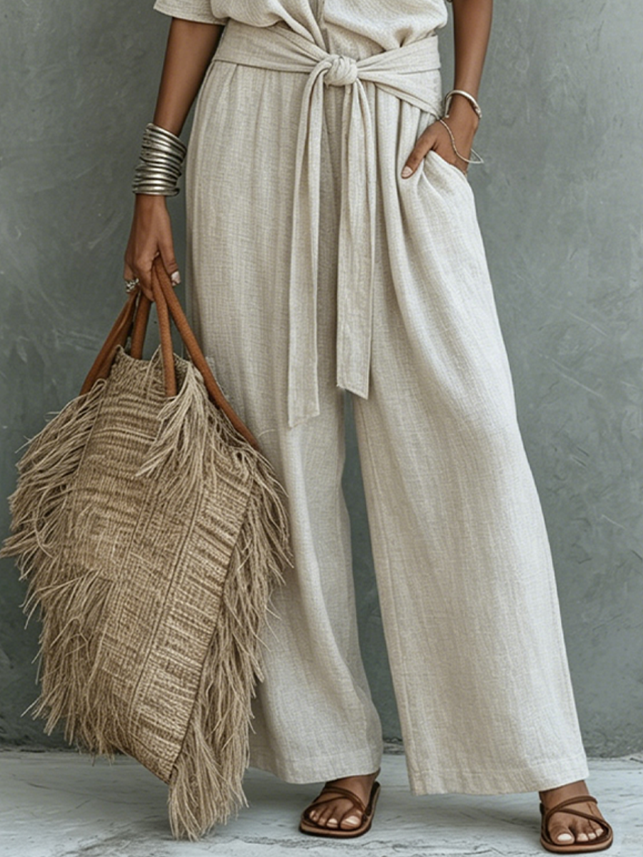 Women's Casual Beige Cotton Linen Off-Shoulder Tie-Waist Wide-Leg Jumpsuit