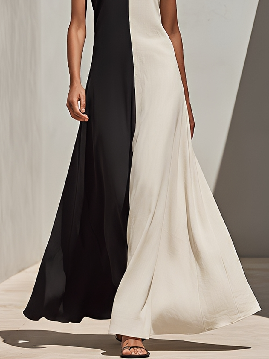 Women's Black & Ivory Color-Block Linen-Blend Maxi Dress With High Neck Sleeveless Cut & Flowy A-Line Skirt, Minimalist Elegant Evening Dress MDZ1609F5LYL