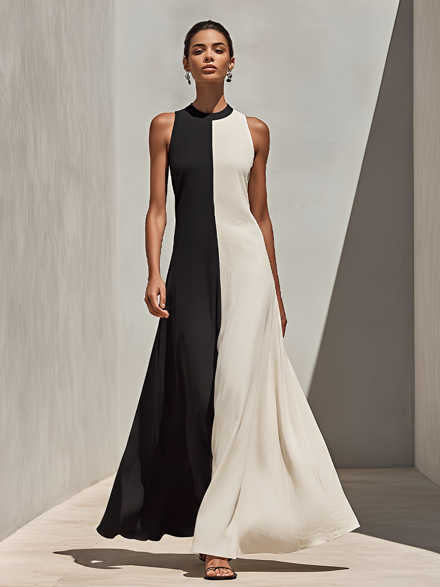 Women's Black & Ivory Color-Block Linen-Blend Maxi Dress With High Neck Sleeveless Cut & Flowy A-Line Skirt, Minimalist Elegant Evening Dress MDZ1609F5LYL