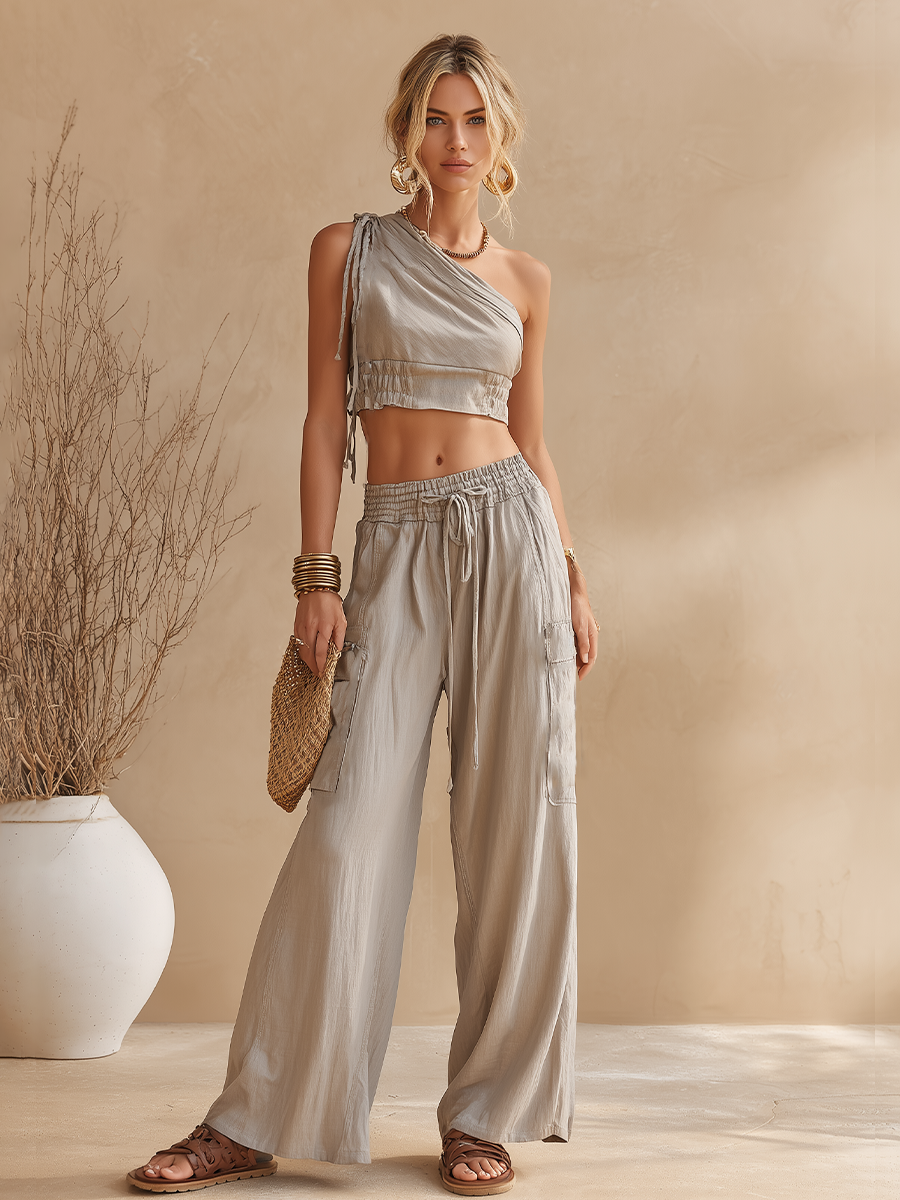Women's Dusty Grey Cotton-Blend Matching Outfit With Tie Strap Asymmetric Top & Drawstring Waist Cargo Wide Leg Pants, Contemporary Versatile Beach Two-Piece Set MDZ1647F3LYL