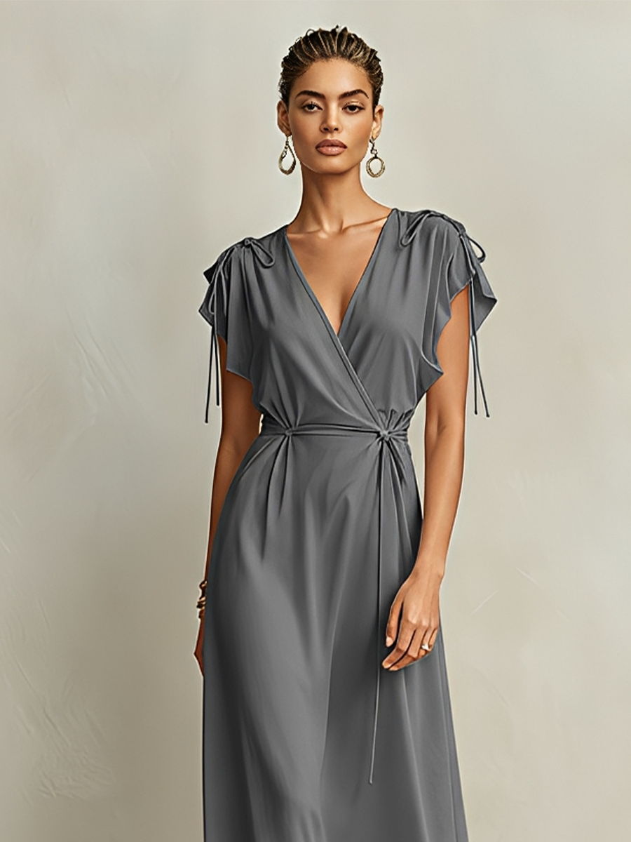 Women's Grey Flowy Viscose Wrap Dress With Deep V Neck & Shoulder Drawstring Detail, Modern Effortless-Chic Cocktail Maxi Dress MDZ1681F2LYL