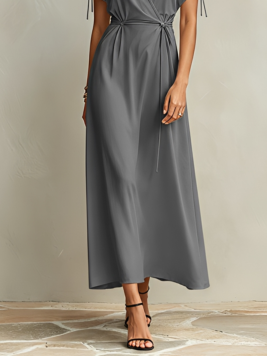 Women's Grey Flowy Viscose Wrap Dress With Deep V Neck & Shoulder Drawstring Detail, Modern Effortless-Chic Cocktail Maxi Dress MDZ1681F2LYL