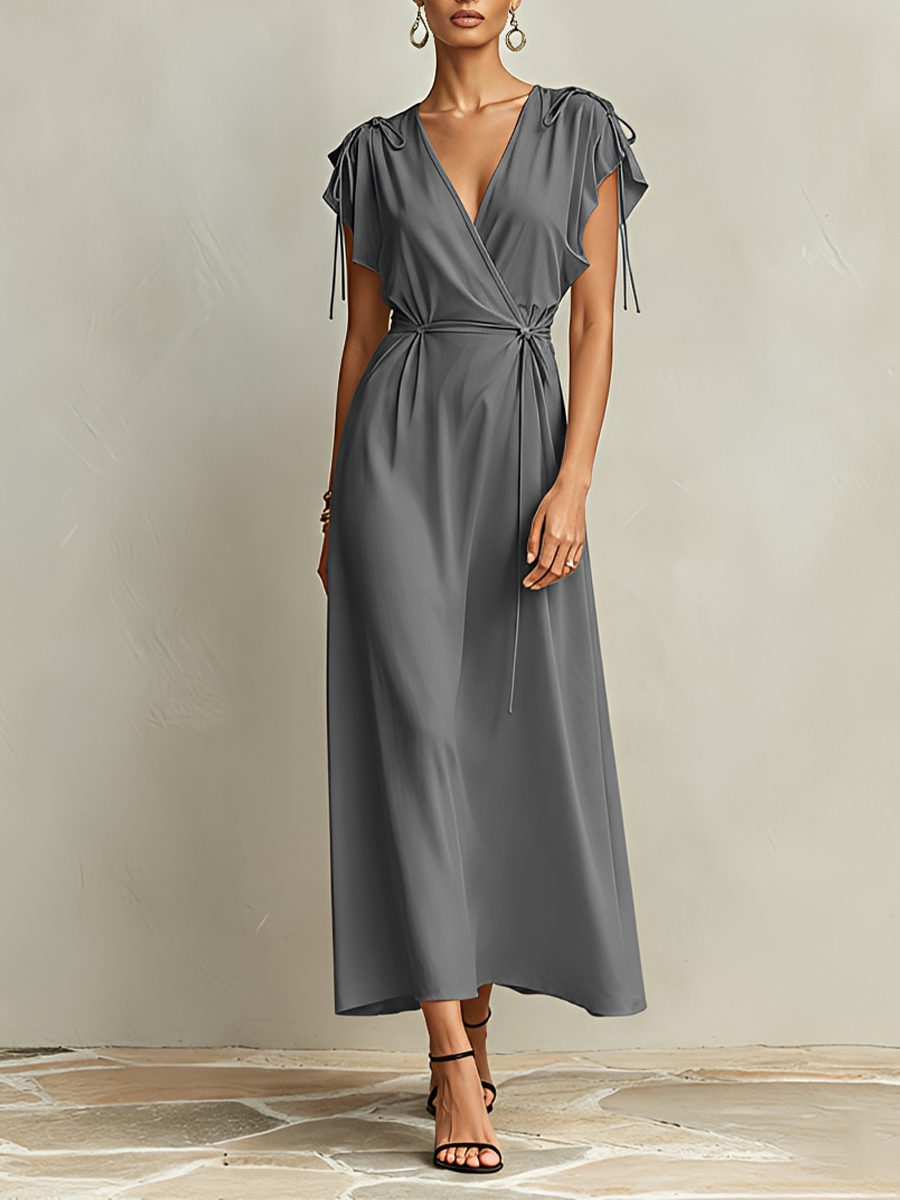 Women's Grey Flowy Viscose Wrap Dress With Deep V Neck & Shoulder Drawstring Detail, Modern Effortless-Chic Cocktail Maxi Dress MDZ1681F2LYL