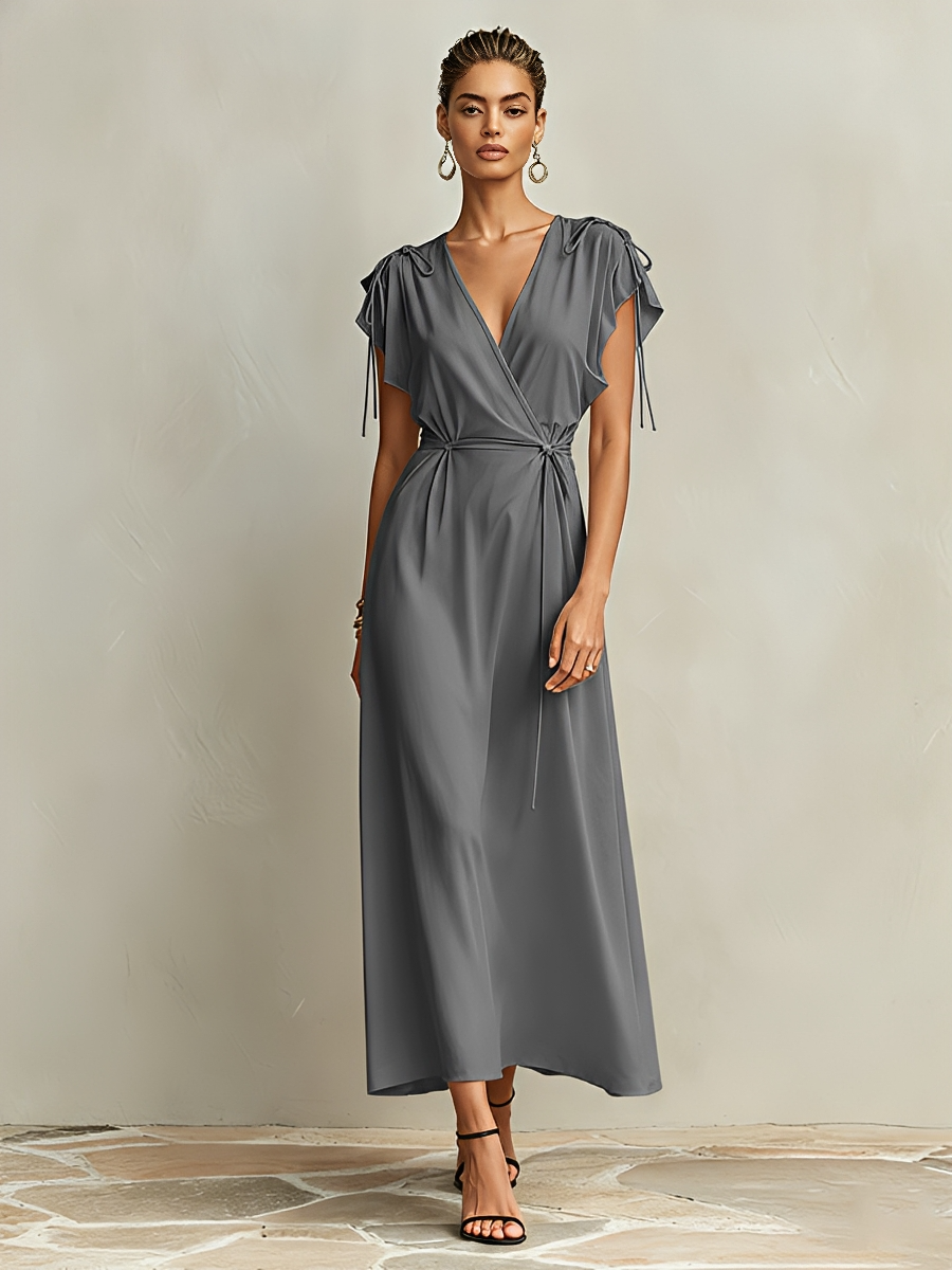 Women's Grey Flowy Viscose Wrap Dress With Deep V Neck & Shoulder Drawstring Detail, Modern Effortless-Chic Cocktail Maxi Dress MDZ1681F2LYL