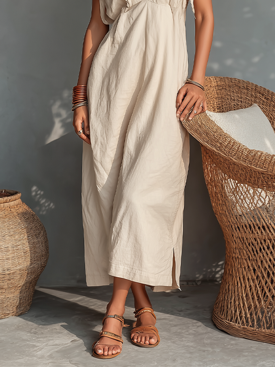 Women's Cream Flowy Cotton-Blend Dress With Bow Tie Shoulders & V-Neck Button Placket, Contemporary Versatile Summer Casual Dress MDZ1687F9LYL