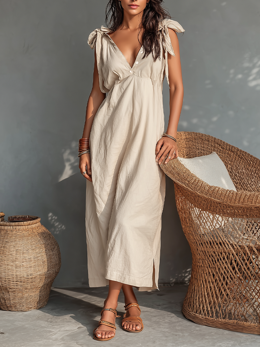 Women's Cream Flowy Cotton-Blend Dress With Bow Tie Shoulders & V-Neck Button Placket, Contemporary Versatile Summer Casual Dress MDZ1687F9LYL