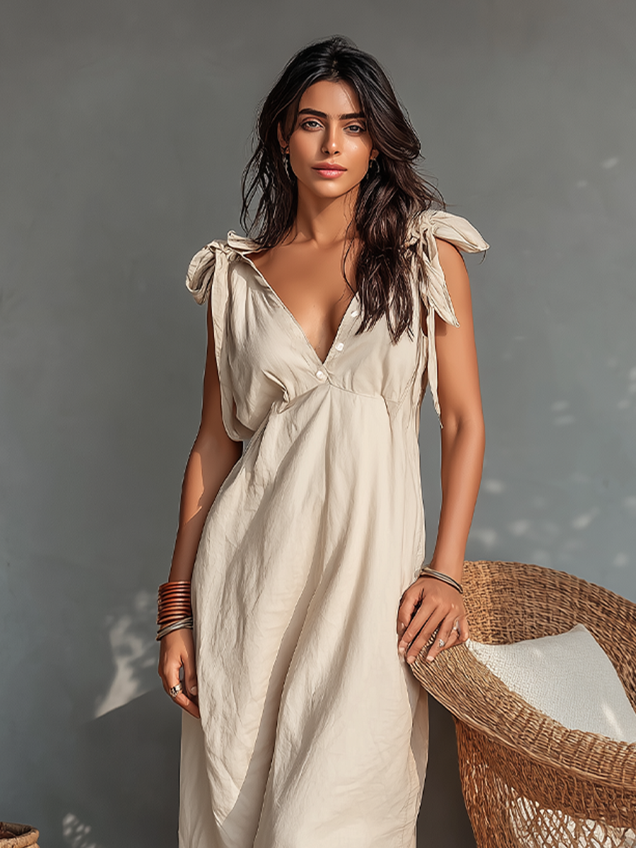 Women's Cream Flowy Cotton-Blend Dress With Bow Tie Shoulders & V-Neck Button Placket, Contemporary Versatile Summer Casual Dress MDZ1687F9LYL