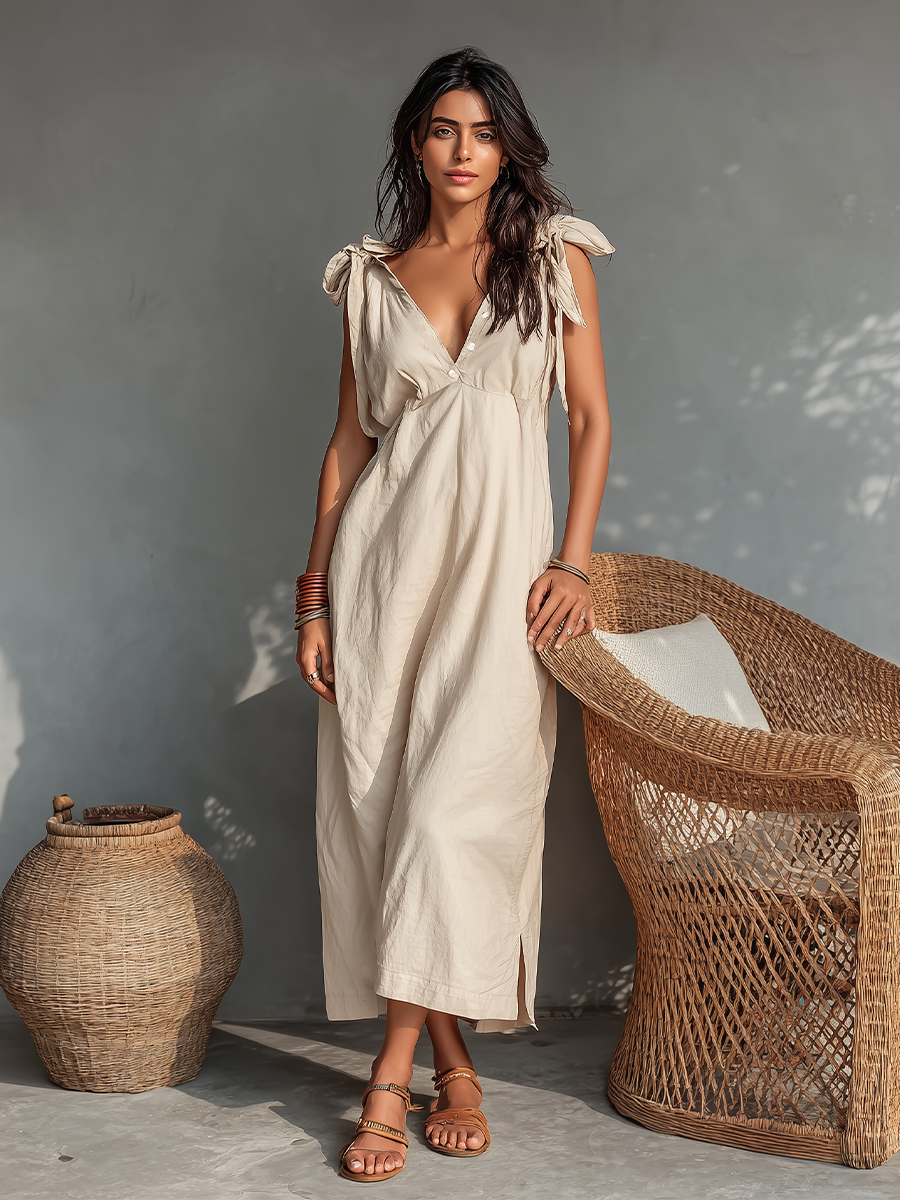 Women's Cream Flowy Cotton-Blend Dress With Bow Tie Shoulders & V-Neck Button Placket, Contemporary Versatile Summer Casual Dress MDZ1687F9LYL