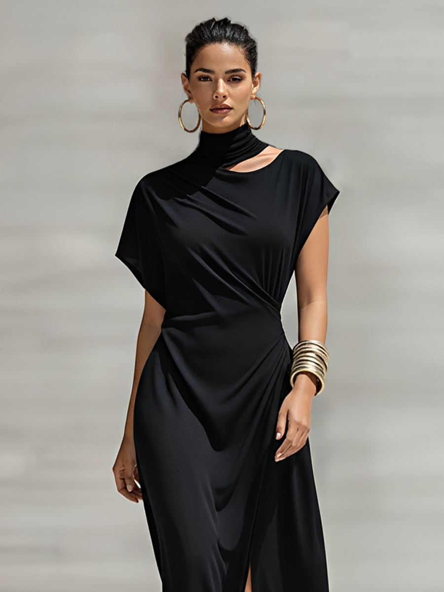 Women's Black Soft Knit Maxi Dress With Asymmetric Neck Cutout & Twist Waist Detail, Contemporary Versatile Formal Dress MDZ1671F3LYL