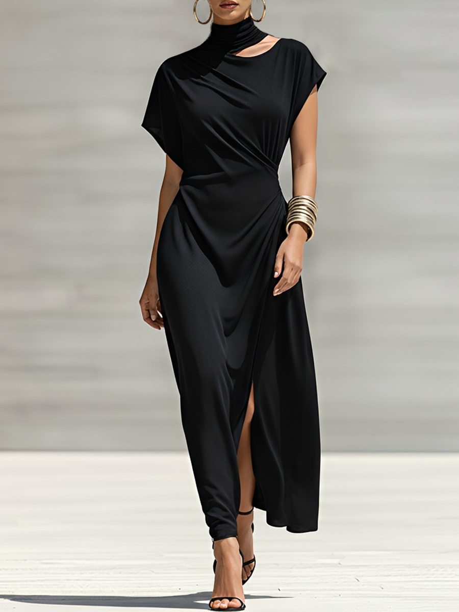 Women's Black Soft Knit Maxi Dress With Asymmetric Neck Cutout & Twist Waist Detail, Contemporary Versatile Formal Dress MDZ1671F3LYL