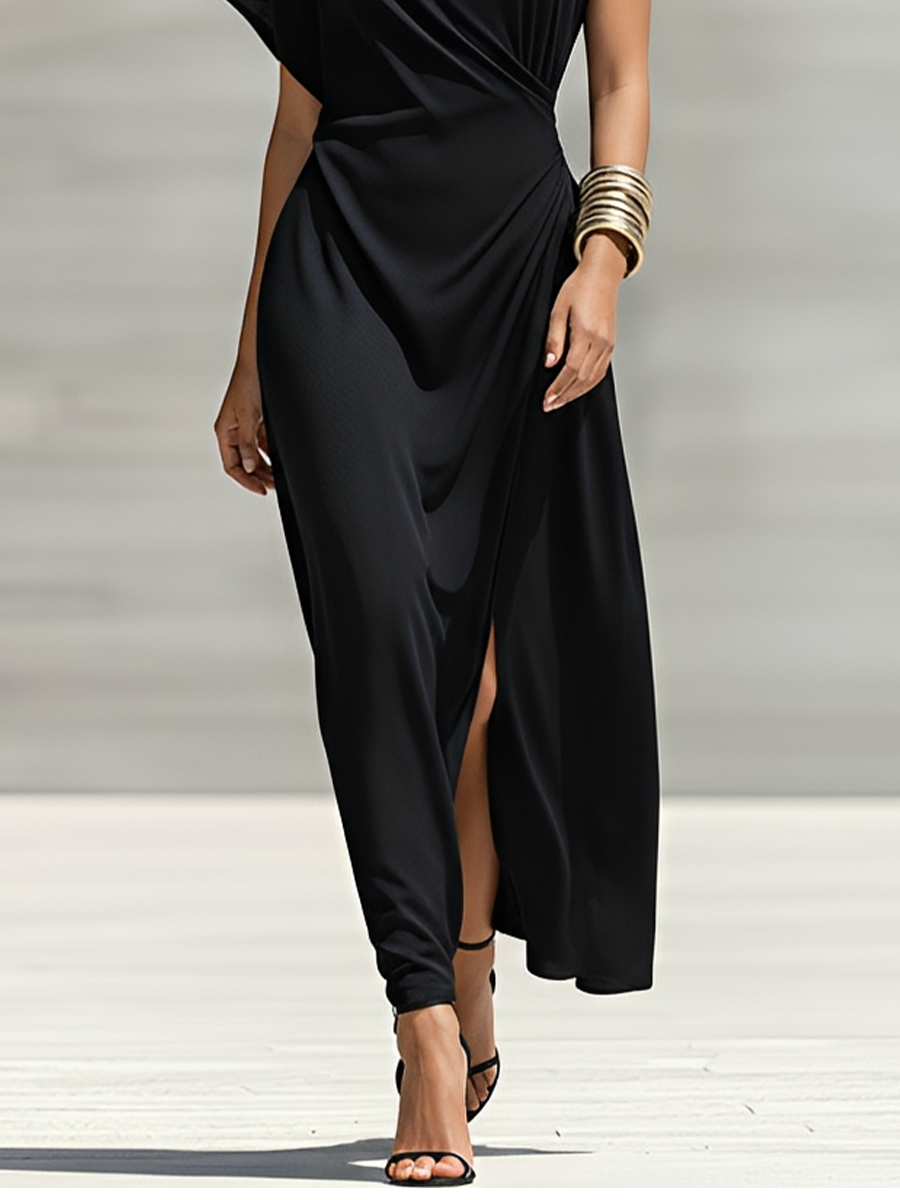Women's Black Soft Knit Maxi Dress With Asymmetric Neck Cutout & Twist Waist Detail, Contemporary Versatile Formal Dress MDZ1671F3LYL