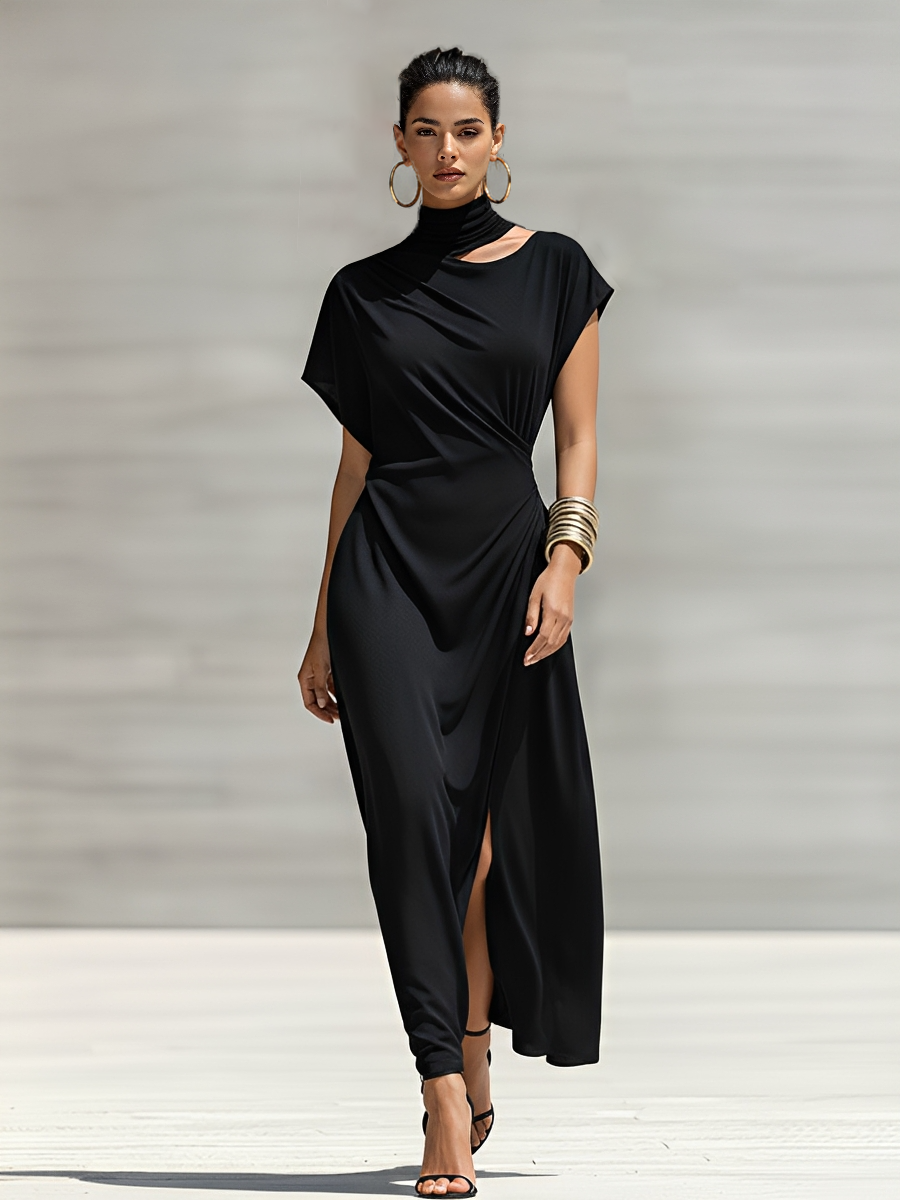 Women's Black Soft Knit Maxi Dress With Asymmetric Neck Cutout & Twist Waist Detail, Contemporary Versatile Formal Dress MDZ1671F3LYL