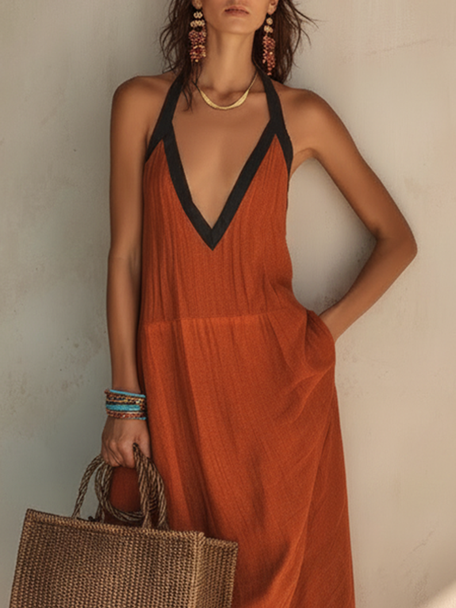 Women's Classic Minimalist Color-Block Linen-Blend Maxi Dress MDZ1660F2ZRK