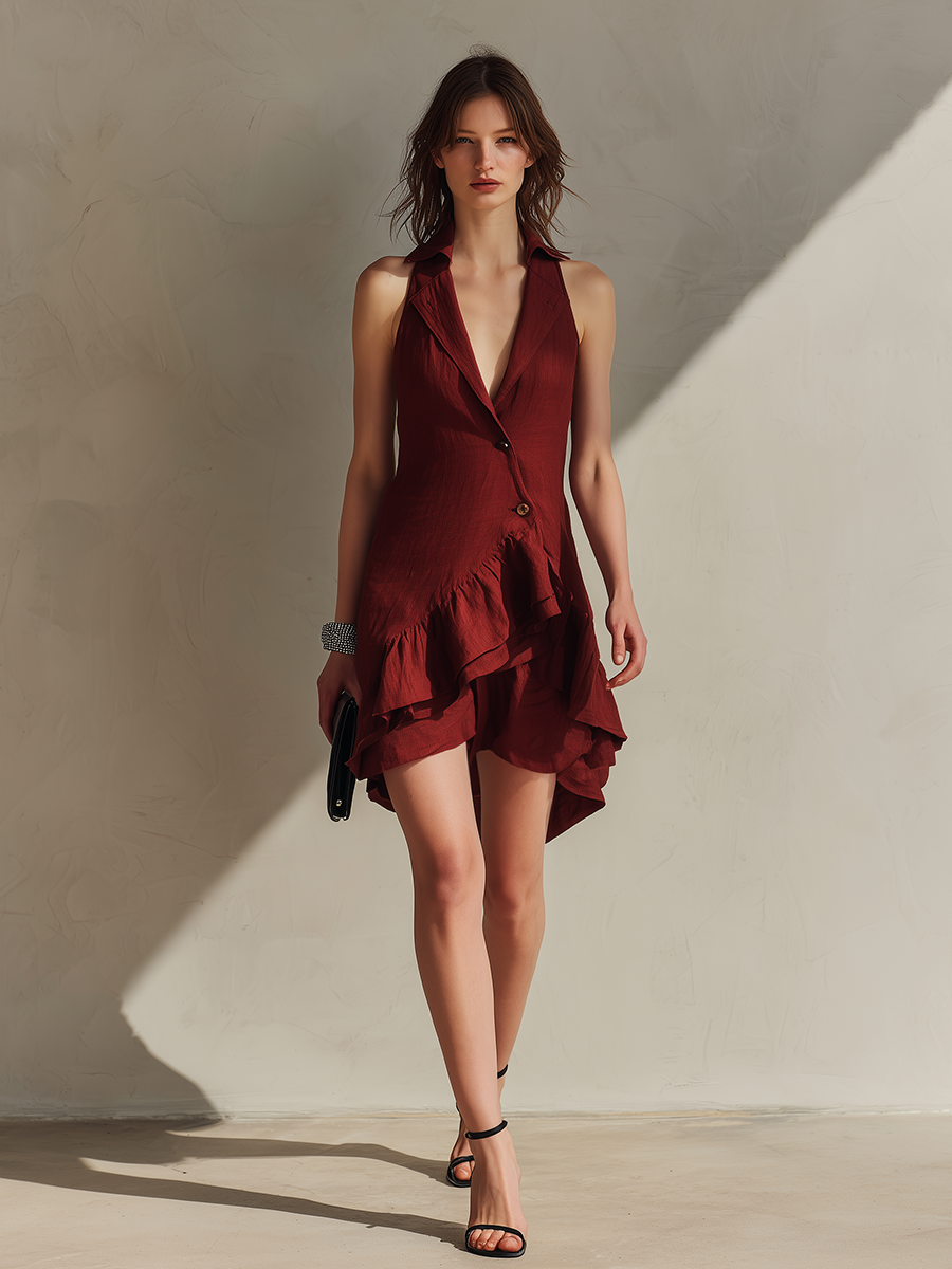 Women's Linen-Blend Halter V-Neck Mini Dress With Ruffled Hem  Product Description: MDZ1655F5ZRK