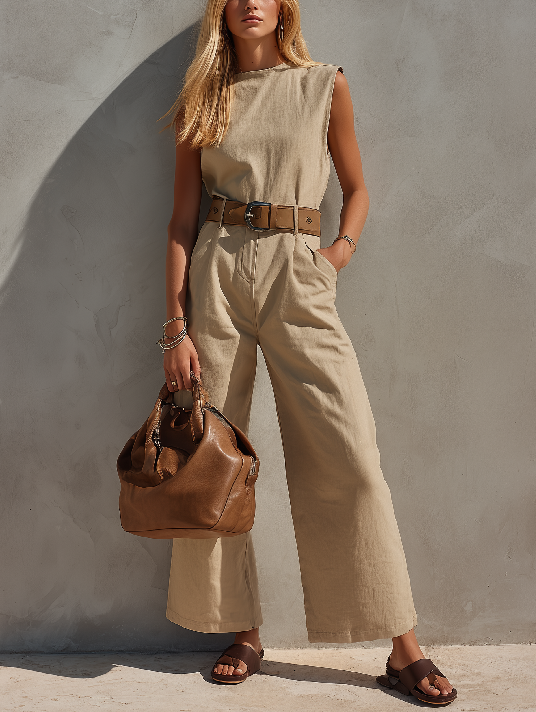 Women's Casual Khaki Cotton-Linen Sleeveless Jumpsuit With Crew Neck (Belt Not Included) MDZ1697F2LXY