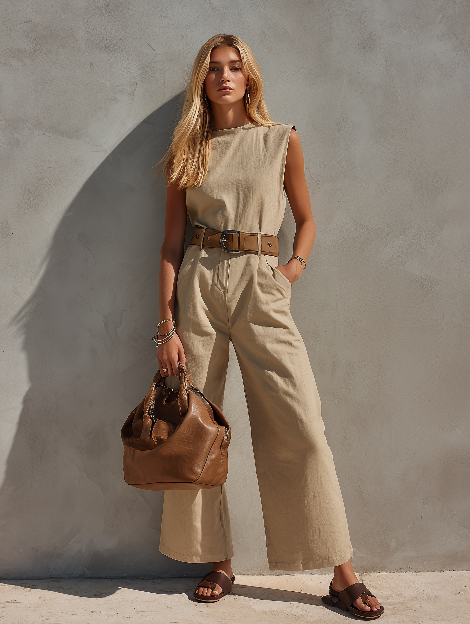 Women's Casual Khaki Cotton-Linen Sleeveless Jumpsuit With Crew Neck (Belt Not Included) MDZ1697F2LXY