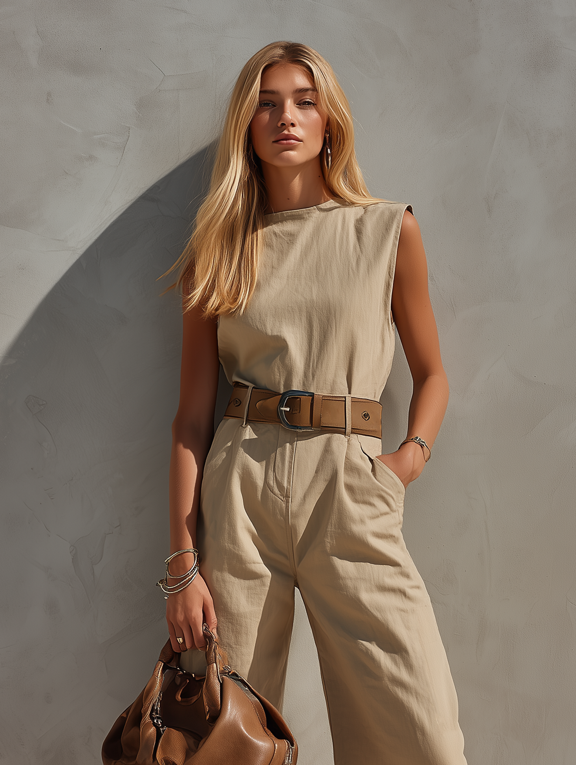 Women's Casual Khaki Cotton-Linen Sleeveless Jumpsuit With Crew Neck (Belt Not Included) MDZ1697F2LXY