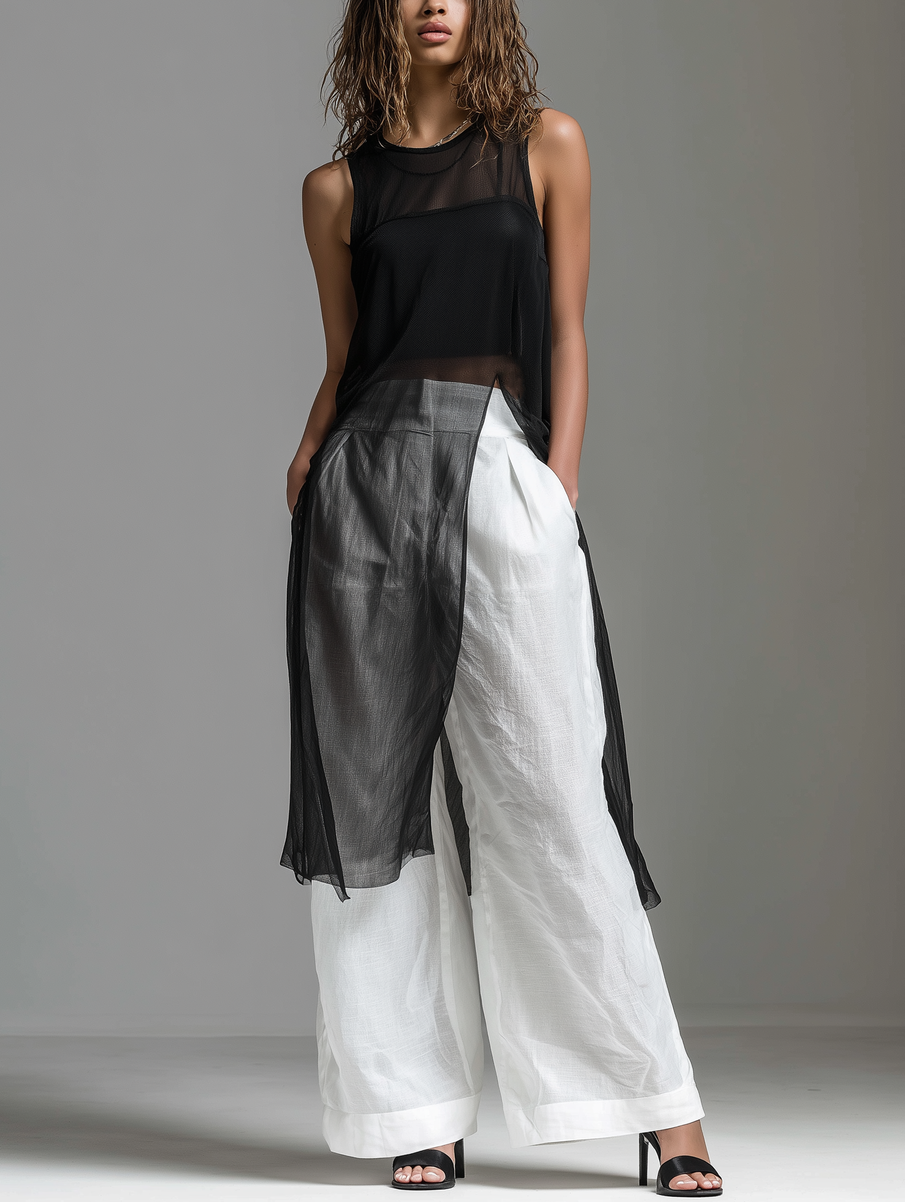 Women's Minimalist Black Chiffon Sleeveless Round-neck Top Paired With White Cotton-linen Trousers (includes Black Camisole) MDZ1625F1LXY