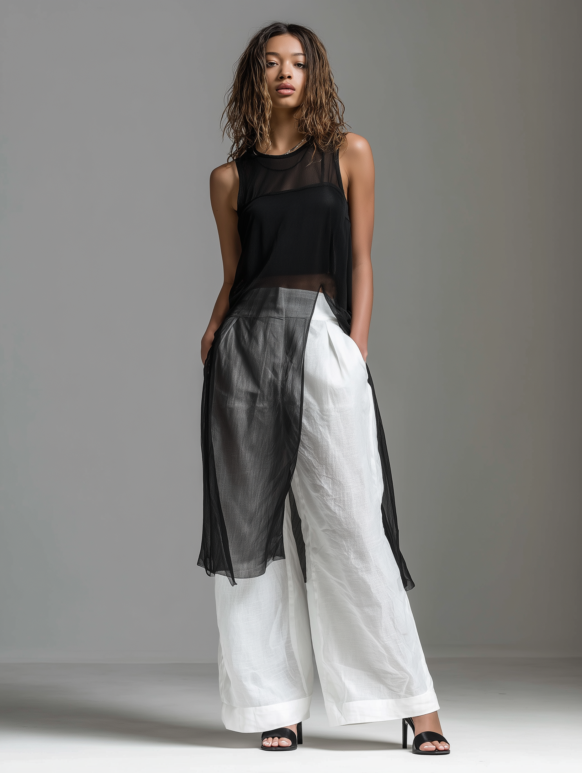 Women's Minimalist Black Chiffon Sleeveless Round-neck Top Paired With White Cotton-linen Trousers (includes Black Camisole) MDZ1625F1LXY