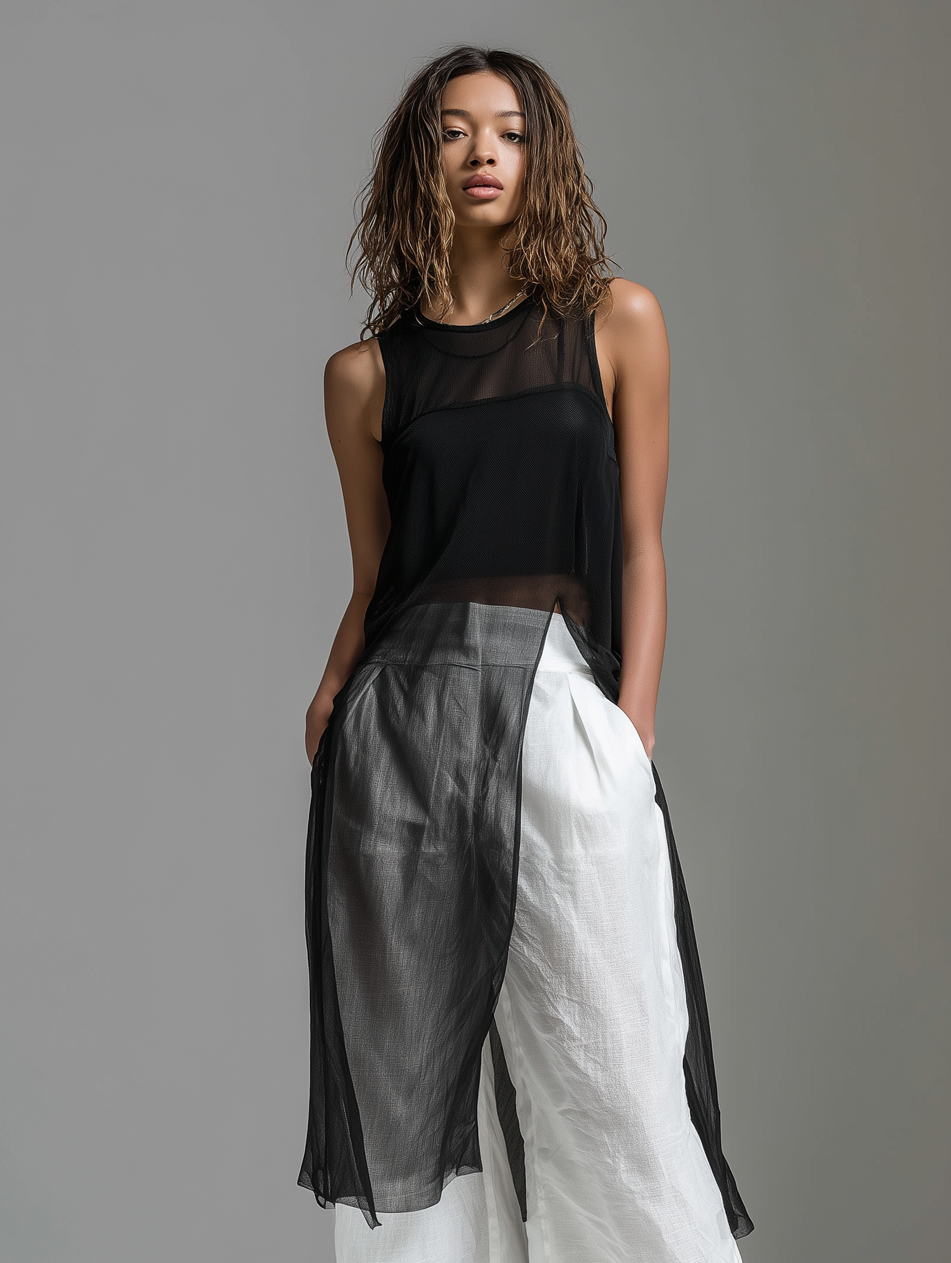 Women's Minimalist Black Chiffon Sleeveless Round-neck Top Paired With White Cotton-linen Trousers (includes Black Camisole) MDZ1625F1LXY