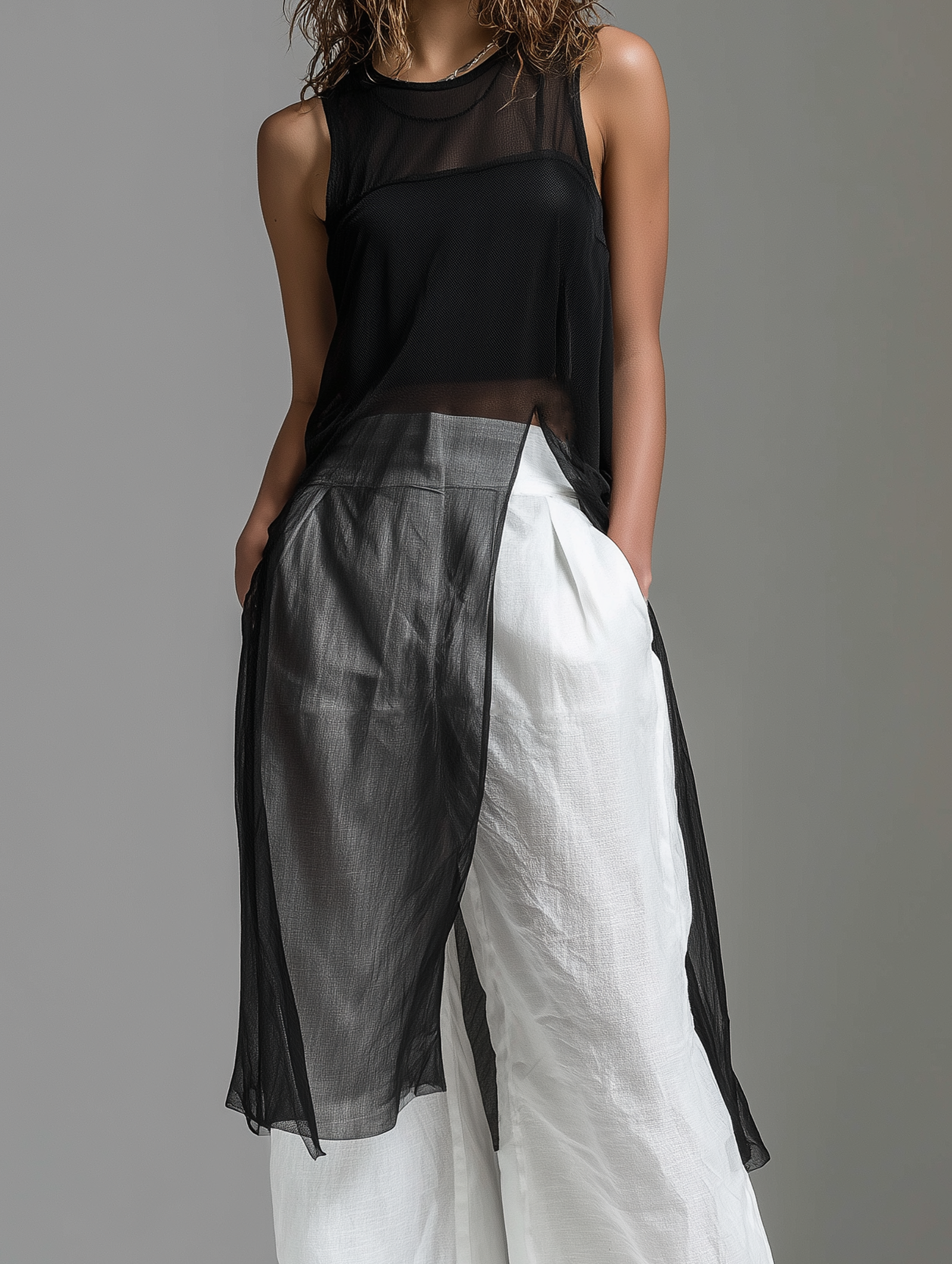 Women's Minimalist Black Chiffon Sleeveless Round-neck Top Paired With White Cotton-linen Trousers (includes Black Camisole) MDZ1625F1LXY