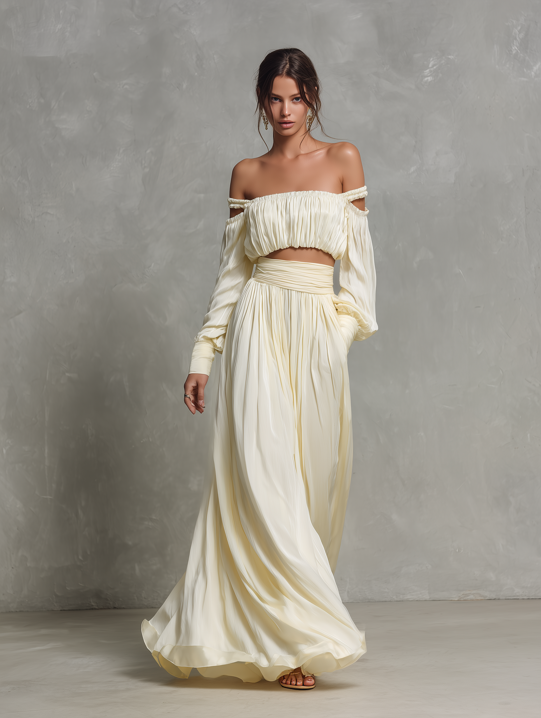 Women's Elegant Beige Chiffon Off-shoulder Long-sleeve Top And Skirt Set MDZ1638F1LXY