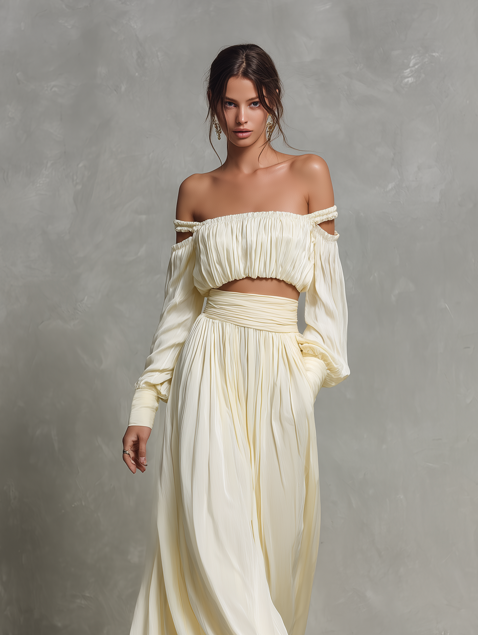 Women's Elegant Beige Chiffon Off-shoulder Long-sleeve Top And Skirt Set MDZ1638F1LXY