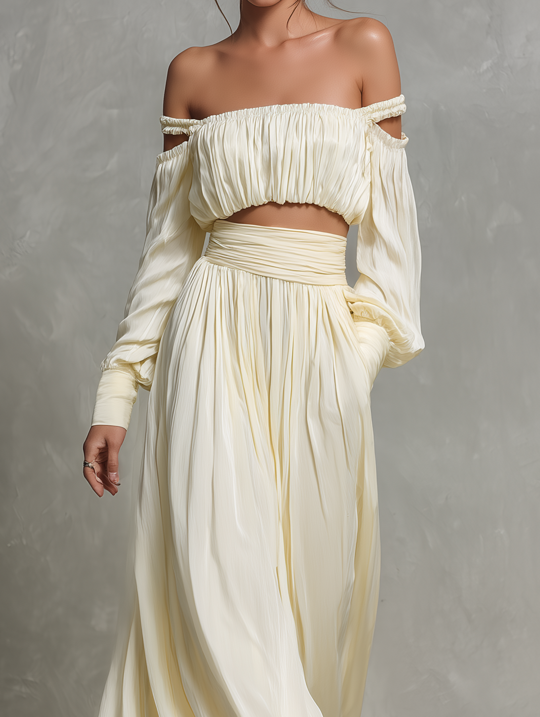 Women's Elegant Beige Chiffon Off-shoulder Long-sleeve Top And Skirt Set MDZ1638F1LXY